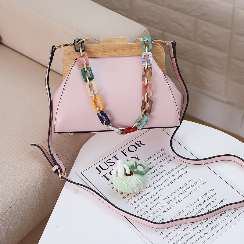 Petit sac à main pour femmes, nouvelle version coréenne de tendance, pince en bois native avec chaîne en jade: Rose