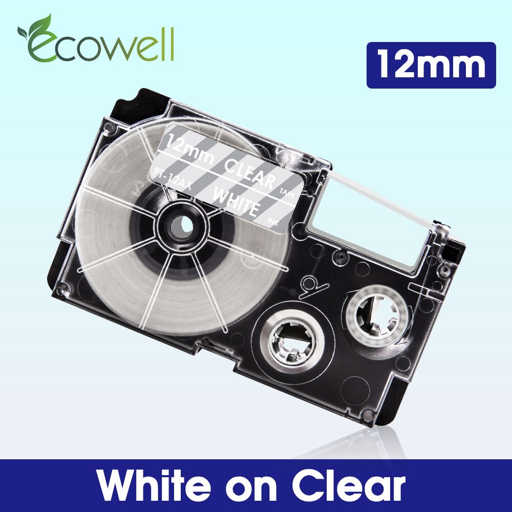 Ecowell 18Colors XR-12WE For Casio 12mm XR 12WE XR-12X XR-12RD XR-12BU XR-12YW XR-12GN label tape for Casio KL-60 KL-120 printer: White on Clear