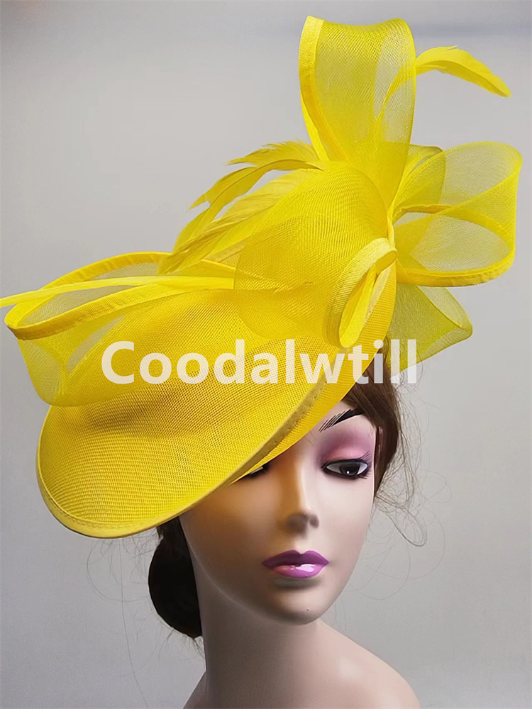 Wedding Party Veil Hair Fascinator Hats Laides Cocktail Bride Marriage Headpiece Ladies Cocktail Race Chapeau Cap With Headband: Yellow