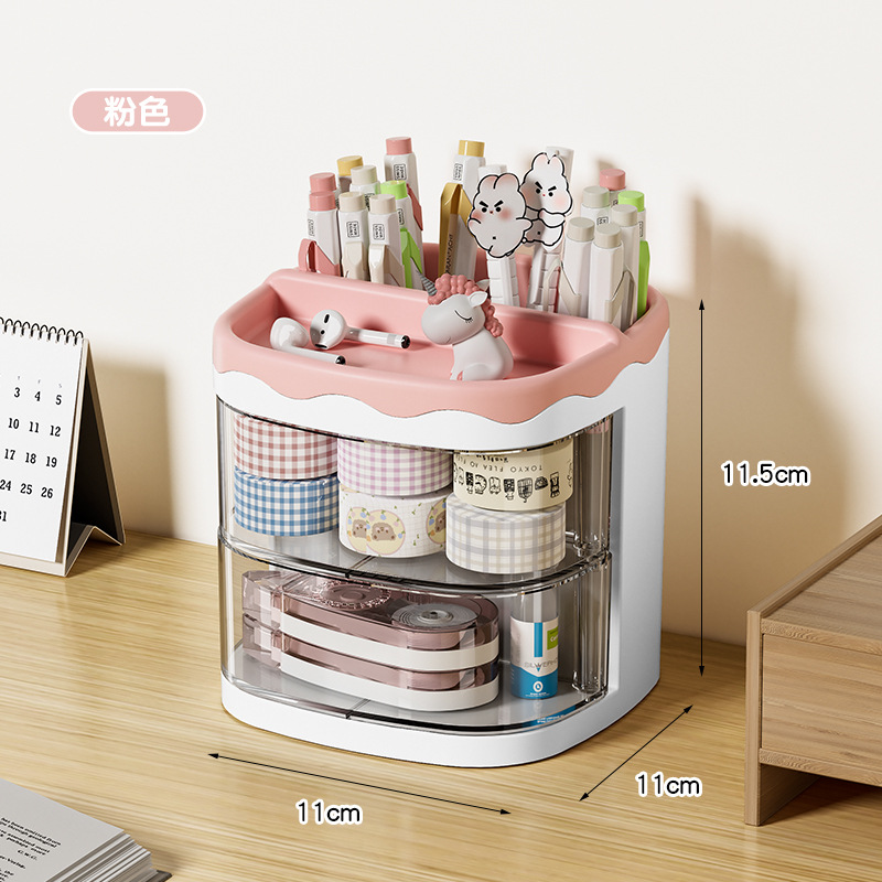 Practical Multi-Functional Desk Organizer Pen Holder Double Layers Rotating Pencils Storage Rack Student Cosmetics Storage Shelf: Pink
