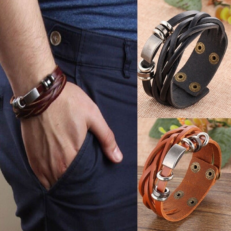 Bracciale rigido da uomo Vintage ▾ in pelle con borchie in acciaio con borchie in metallo