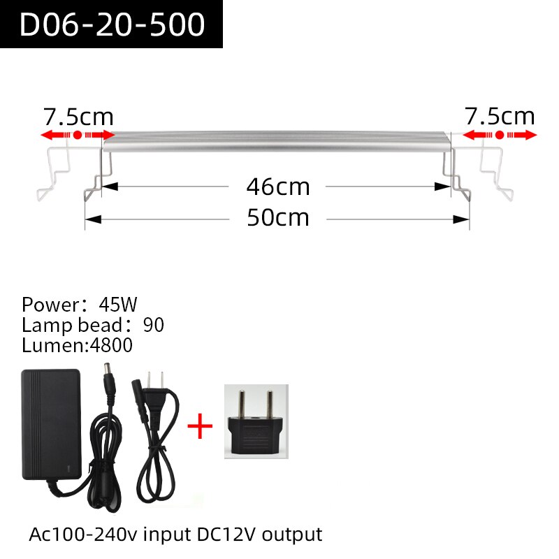 Zrdr-luz led para aquário, lâmpada para plantio de aquário, mini aquário simples, suporte de metal, abajur com sol e sol: 500MM