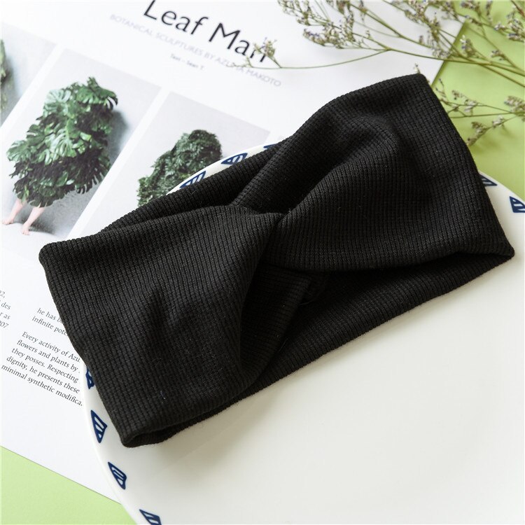 Diademas de lana con nudo cruzado tejido liso para mujer, soporte para el pelo, cintas elásticas para el cabello, turbante, accesorios para el cabello: black-1