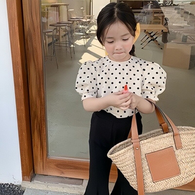 Camisa de lunares para niños y niñas, Blusa de manga corta abombada, Top informal de con Espalda descubierta, trajes para niños de 2 a 7T