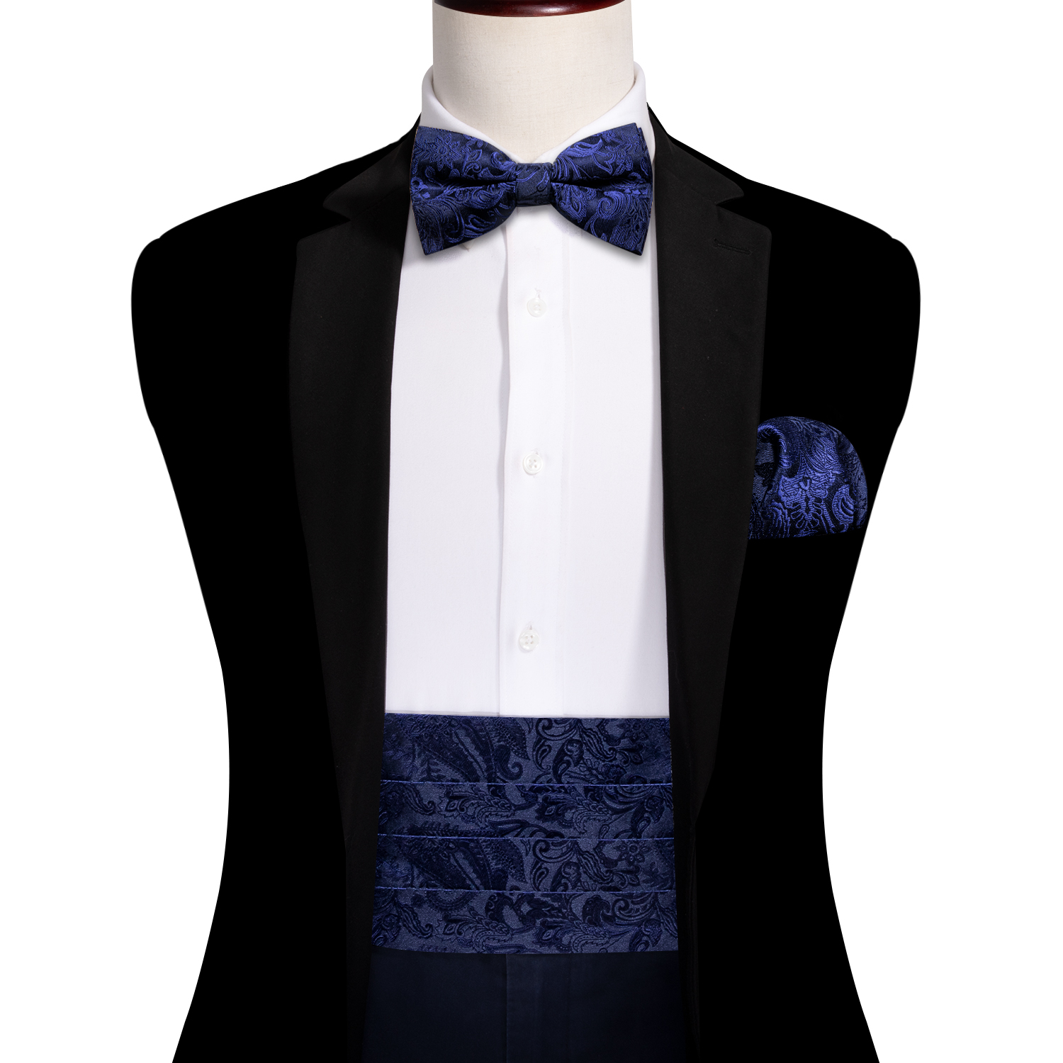 Navy Blue Cummerbund Men Silk Bowtie Pocket Square Cufflinks Sets Classic Paisley Male Accessories Wedding Party Barry.Wang 1031