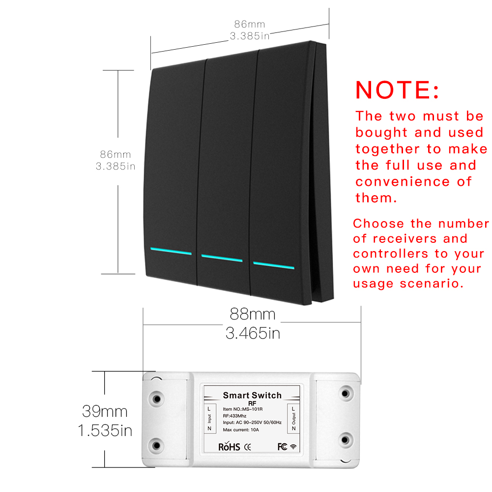 Émetteur de panneau de mur de contrôleur de bouton poussoir de récepteur de télécommande du commutateur RF intelligent sans fil 433 Mhz, multi-contrôle de 2 manières/3 manières