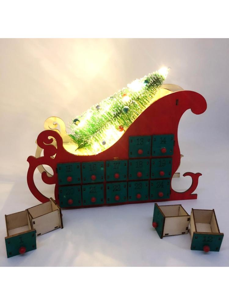 Christmas Sleigh Tree Wooden Advent Calendar Countdown LED Party Decor 24 Drawer