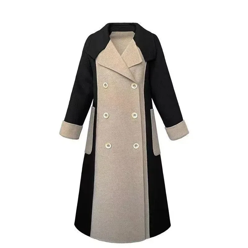 Manteau en laine velours Double face pour femme, Style Long, nouvelle automne hiver, bloc de couleurs, amincissant, Style Hepburn, vêtements d'extérieur élégants