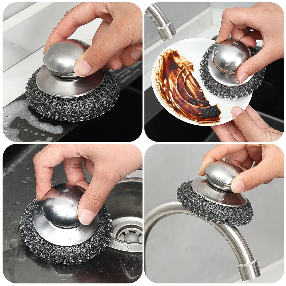 Cepillo para ollas de cocina de acero inoxidable, herramientas de limpieza de bolas de alambre con mango ergonómico, accesorios para lavar platos de cocina casera, 1/6 Uds.