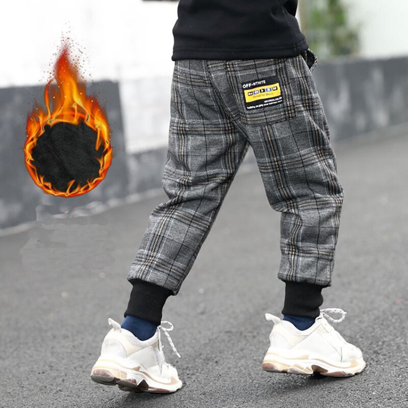 Boys Winter Thick Plaid Pants Casual Label Pants For Boys Fashionable Loose Pants Kids Velvet Long Pants Children Trousers 2-10Y