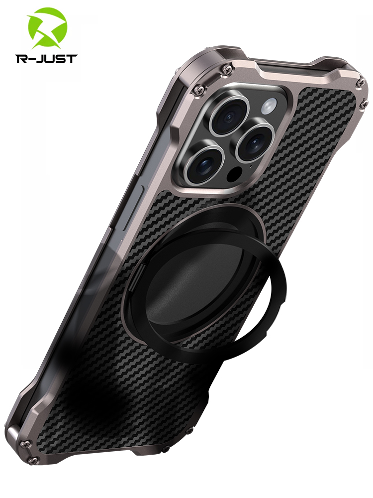 R-just Metal Carbon Fiber Case For Iphone 15 16 14 13 Pro Max Cover Lightweight Aluminum Alloy Funda Coque Built-in Holder Ring: black / For iPhone 14