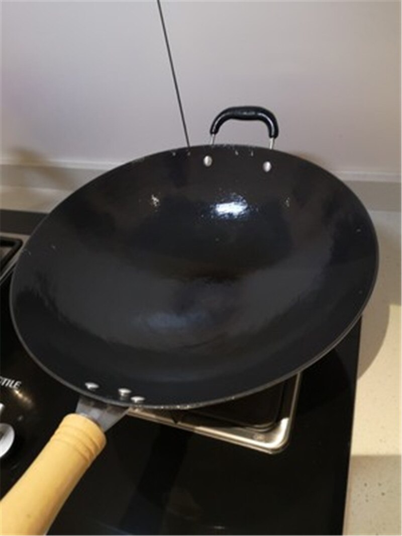 Træhåndtag støbejern håndlavet jern wok flad bund rund bund non stick wok gaskomfur husholdning madlavning kinesisk pan wok
