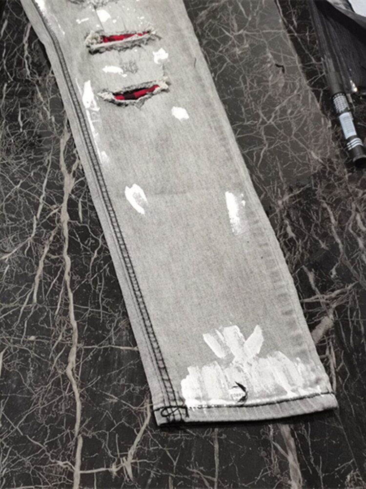 Ripped Skinny Jeans Mannen Grid Stretch Denim Broek Big Size Europese Hip-Hop Casual Mannen Jeans Casual broek