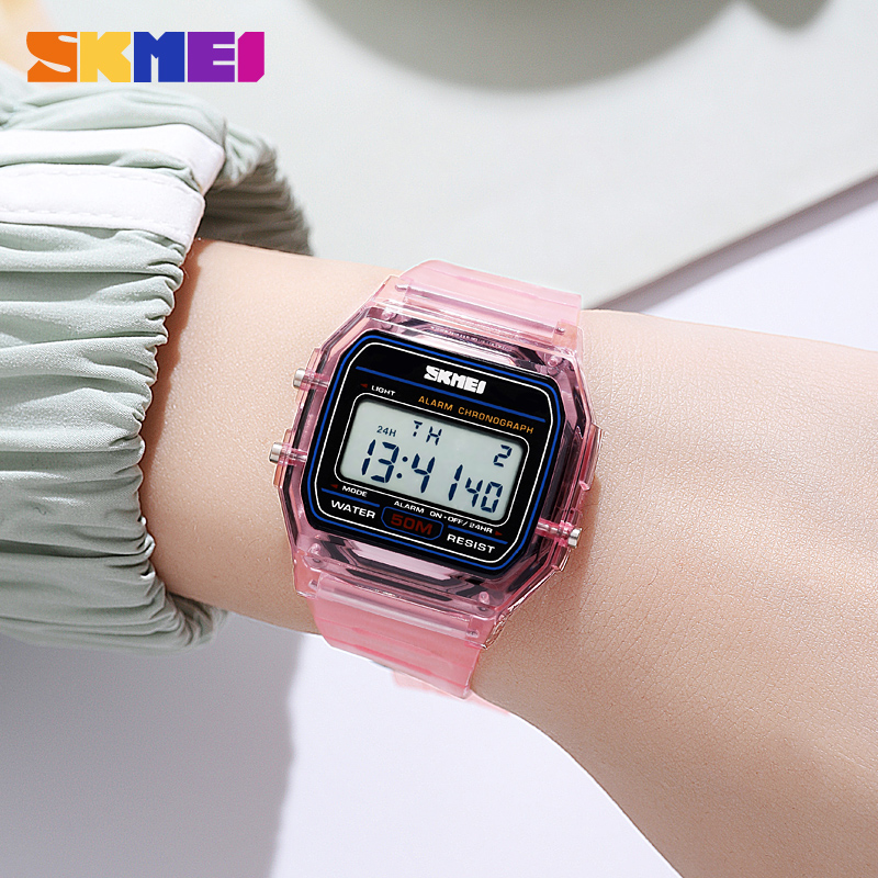 SKMEI, vigor juvenil, reloj de pulsera transparente con correa de TPU para mujer, cronómetro con pantalla de luz trasera, relojes digitales para mujer, reloj para mujer