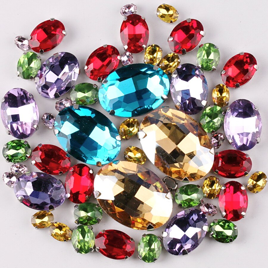 Silver claw setting Oval shape 7 sizes mix 50pcs/bag glass crystal sew on rhinestone beads wedding dress shoes bags diy trim