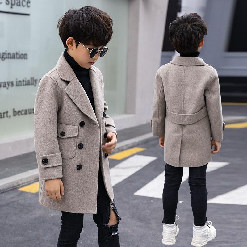 Winter Wollen Jas Voor 4-16 Jongens Turn Kraag Double Breasted Grote Zakken Solid Abrikoos Jongen Jas Jongens Kleding