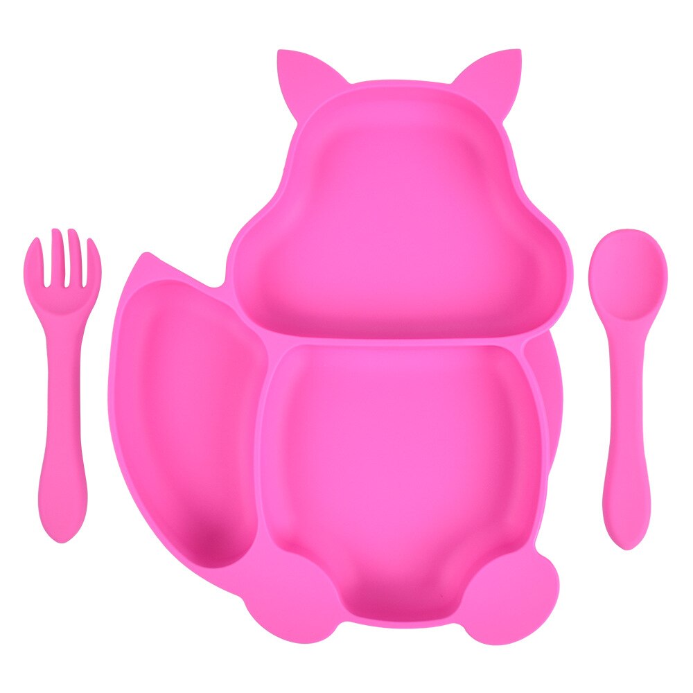Baby Feeding Set Blue Silicone Suction Plate Squirrel Shape Self Feeding Training Stay Put Plate Soft Spoon Fork Dish Kit: 12