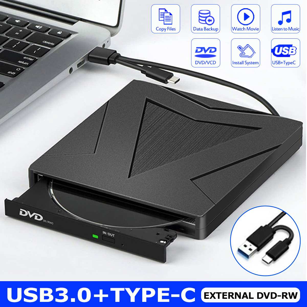 Externe DVD-RW Speler Schrijver Reader Dvd Drive, cd Brander Driver Drive-Gratis Hoge Snelheid Lezen-Schrijven Recorder Usb 3.0 &amp; Type C