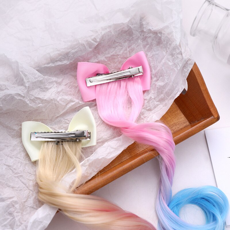 Leuke Boog Haar Clips Voor Meisjes 22Cm Lange Pruik Paardenstaarten Hair Bows Kids Baby Haarspelden Haar Haarspeldjes Accessoires
