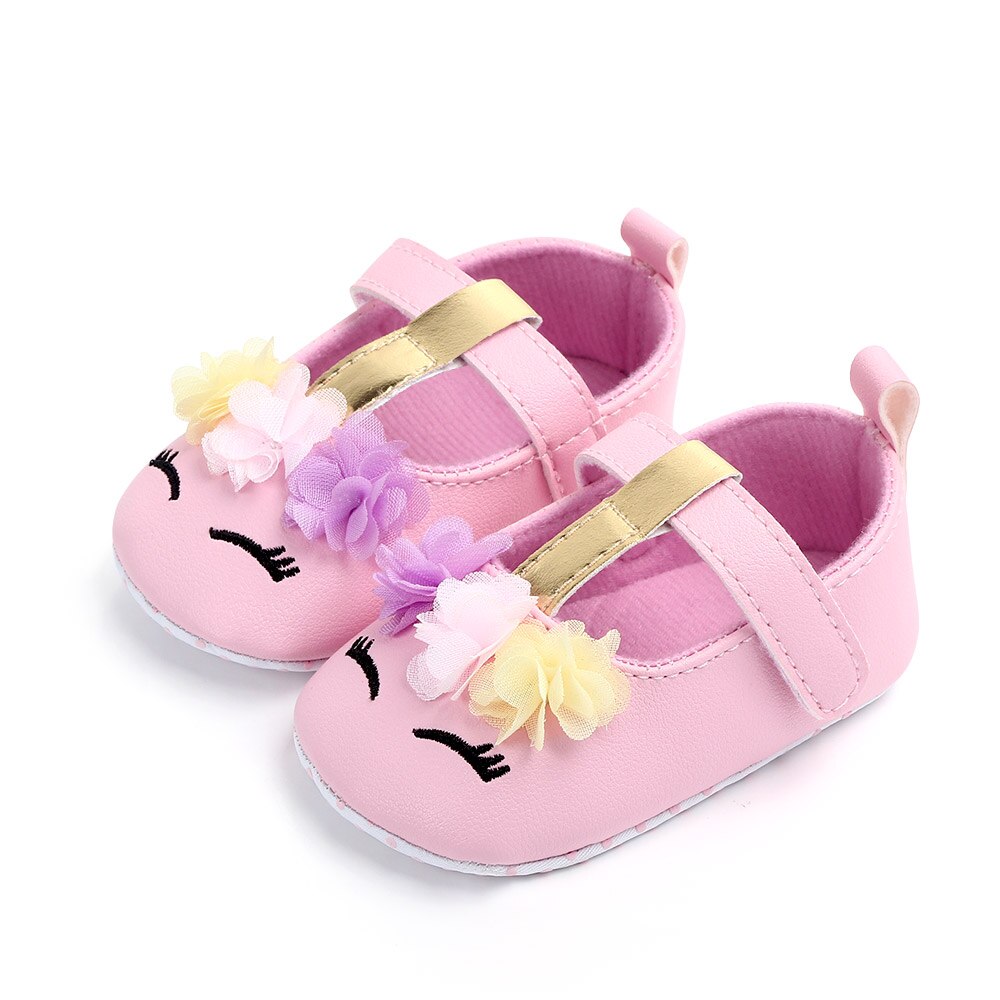 Mærke toddler baby piger blomst enhjørning sko pu læder sko blød såle krybbe sko forår efterår første vandrere 0-18m: Lyserød / 12-18m