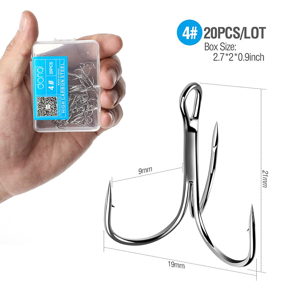 DONQL 20pcs/Box Treble Fishing Hooks Carbon Steel Barbed Fishhooks Set Triple Hooks Sea Fishing Tackle Accessories For Lures: Size 4