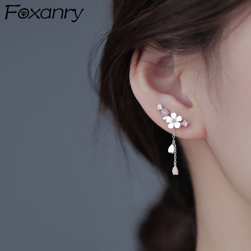 Foxanry prevenir la alergia plata color Pendientes de broche para las mujeres nueva flores borla joyería del partido al por mayor