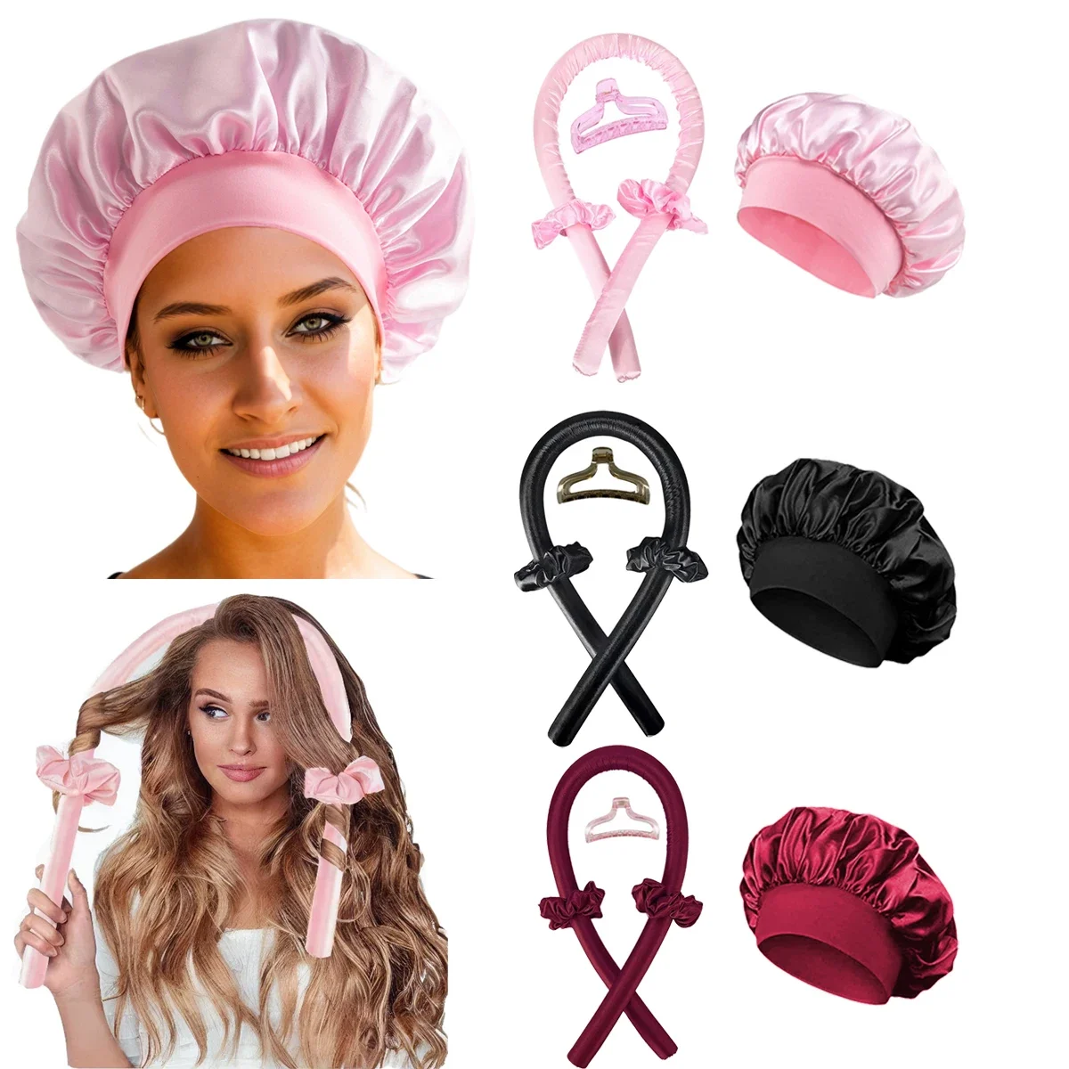 Haste de ondulação sem calor, faixa de cabelo sem calor, rolos de cabelo macios, cachos preguiçosos, gorro de cetim, touca noturna, ferramentas de estilo de cabelo