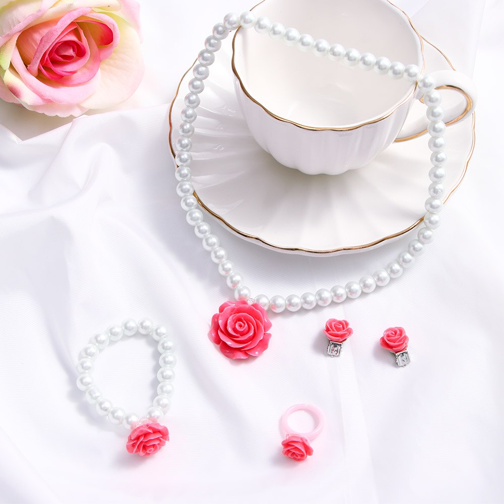 1PC Kinder Mädchen Schmuck Set Kind Perle Blume Form Halskette Armband Ring Ohr Studs Clips Zubehör: rose red