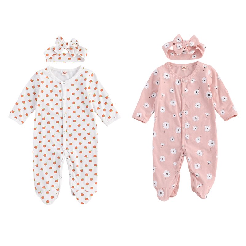 0-12M Pasgeboren Baby Baby Meisjes Jongens Katoen Voet Cover Footies Bloem Apple Lange Mouwen Jumpsuit Lente Herfst speelpakje Hoofdband