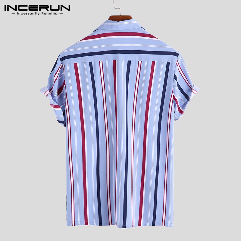 INCERUN Summer Striped Men Shirt Breathable Lapel Short Sleeve Streetwear Beach Shirts Vacation Casual Camisas Hombre S-5XL