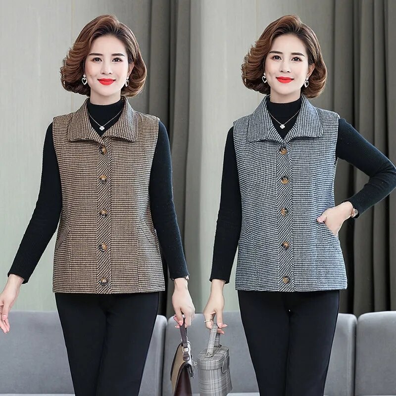 Gilet sans manches à carreaux pour femmes, veste courte, à la , pour mère d&#39;âge moyen et âgée, 5XL, printemps automne 2022