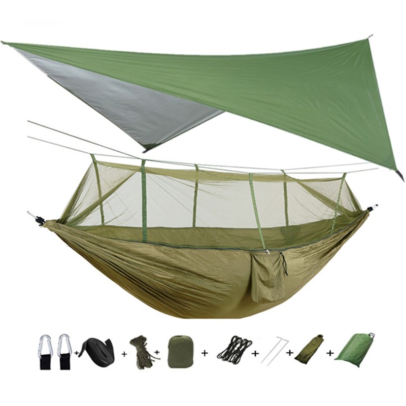 Hamaca para acampar con lona de mosca de lluvia y mosquitera, tienda de campaña con correas de árbol, impermeable, ligero, de nailon, portátil, conjunto Rainfly: Verde militar