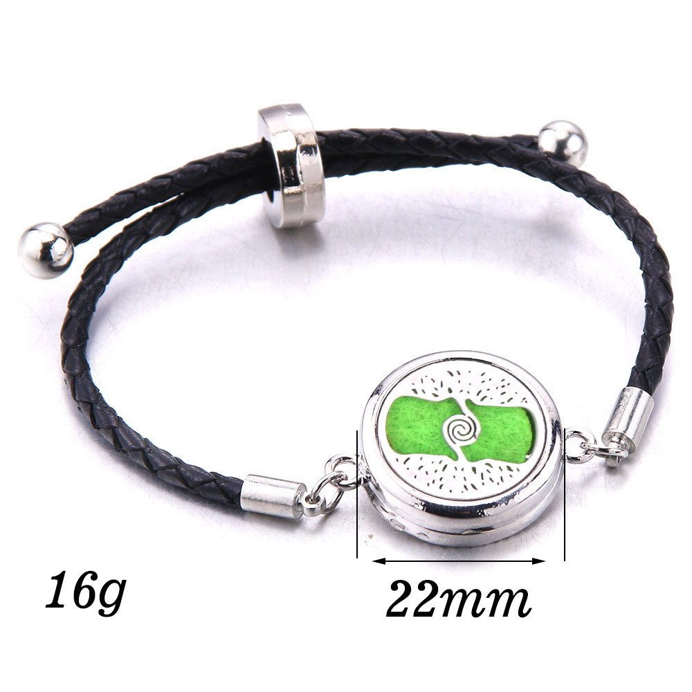 Difusor de aceites esenciales de Perfume, pulsera de cuero, medallón de aromaterapia, medallón de acero inoxidable, pulsera de cuero negro,