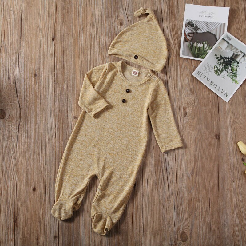 Newest Newborn Infant Baby Kids Boy Girl Button Long Sleeve Footies Jumpsuit Hat 2pcs Spring Autumn Outfits Set Clothes