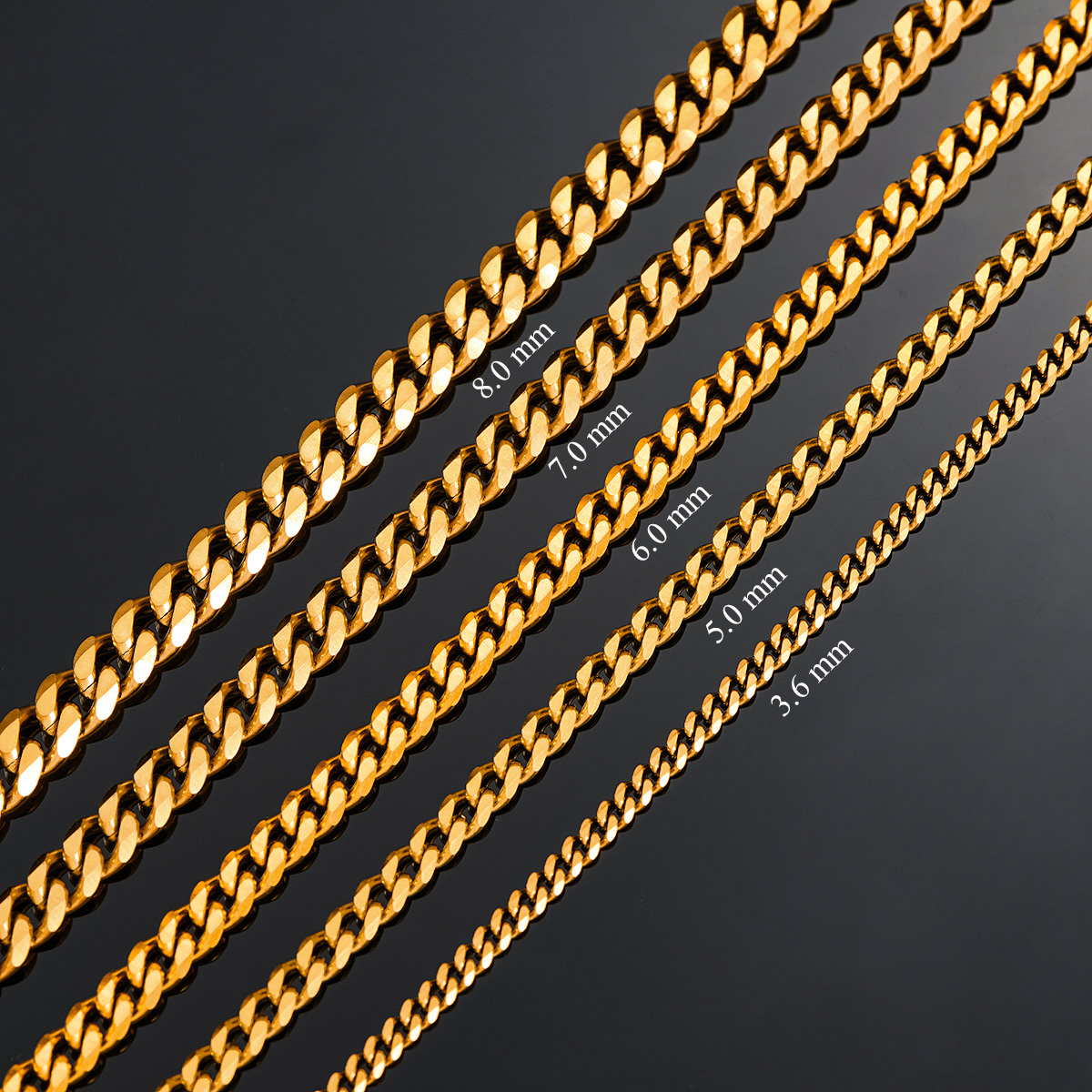 Cadenas de eslabones cubanos de acero inoxidable de Color dorado de 3,6mm/5mm/6mm/7mm/8mm, collar grueso clásico para hombres y niños de 14 a 30 pulgadas