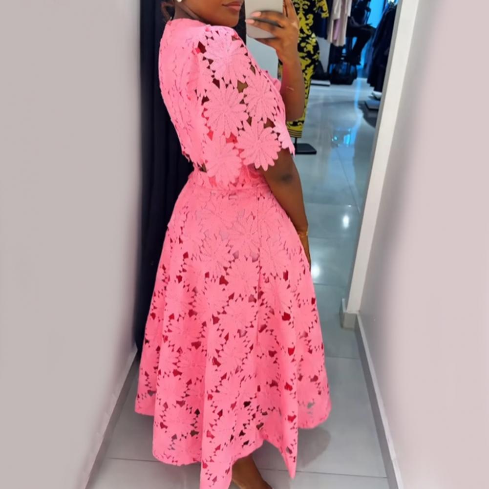 S 2 i fransk stil med o-hals, korte ermer, hul topp, halv bluse, avslappet dameskjørt, dress: Xl / Rosa