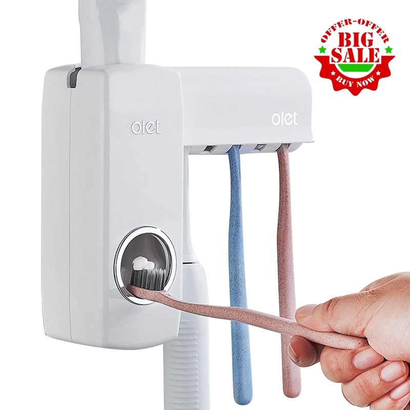 OLET 1 Set Automatic Toothpaste Dispenser with Toothbrush Holder Bathroom Water Resistant Sticky Toothpaste Squeezer