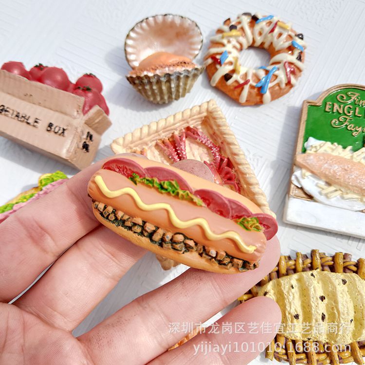 Fridge Magnets French Bread Basket Egg Milk Breakfast Tomato Seafood Imitation Food Series 3D Resin Refrigerator Stickers Decor