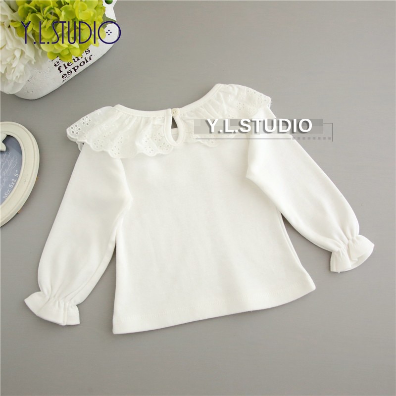 Baby Meisje T-shirt Lange Mouw Puur Katoen Herfst Lente Wit Kanten Kraag Tees Top Leuke Voor Peuter Meisjes Ruche T-shirts kleding