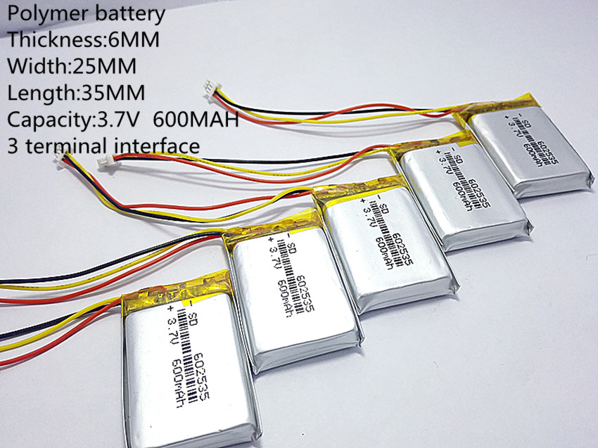 3 line 3.7V thium polymer battery 602535 600MAH Liter energy battery the video recorder 388