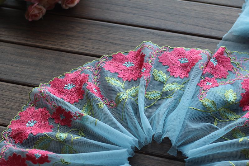 2yards/lot 18cm wide Embroidered Tulle Lace trim mesh lace trim ~ Blue + rose ~beautiful
