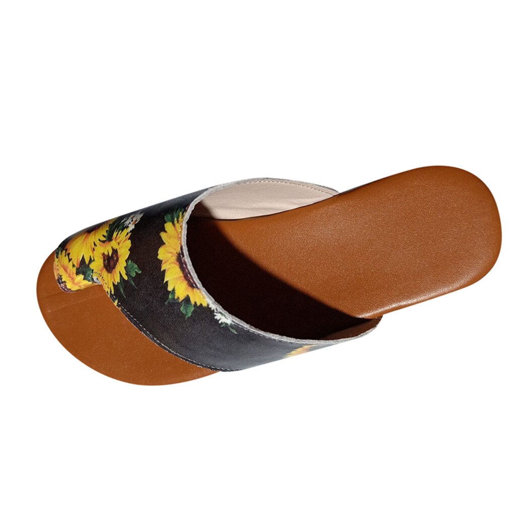 Womens Sunflower Print Sandals Flats Wedges Slipper Ladies Open Toe Beach Shoes Roman Slippers #ss