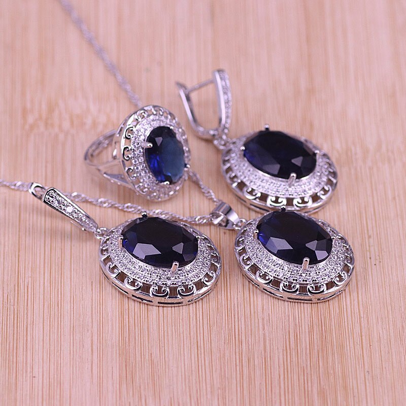 Big White Crystal &Zircon Silver Color Jewelry Earrings Ring With Necklace Set Middle East Style: blue