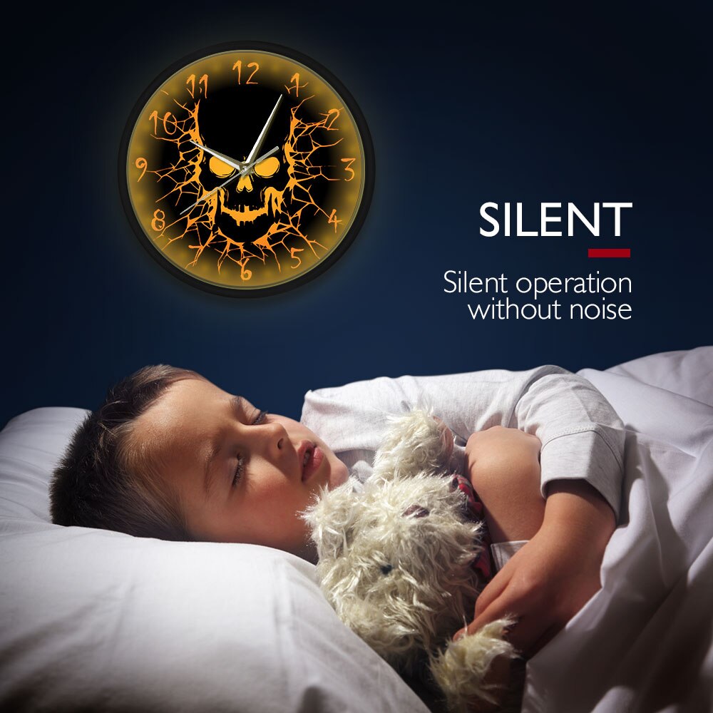 Skull with Crack Hole Horror Wall Clock with LED illumination Gothic Birth of a Demon Sound Activated Watch Halloween Night Lamp