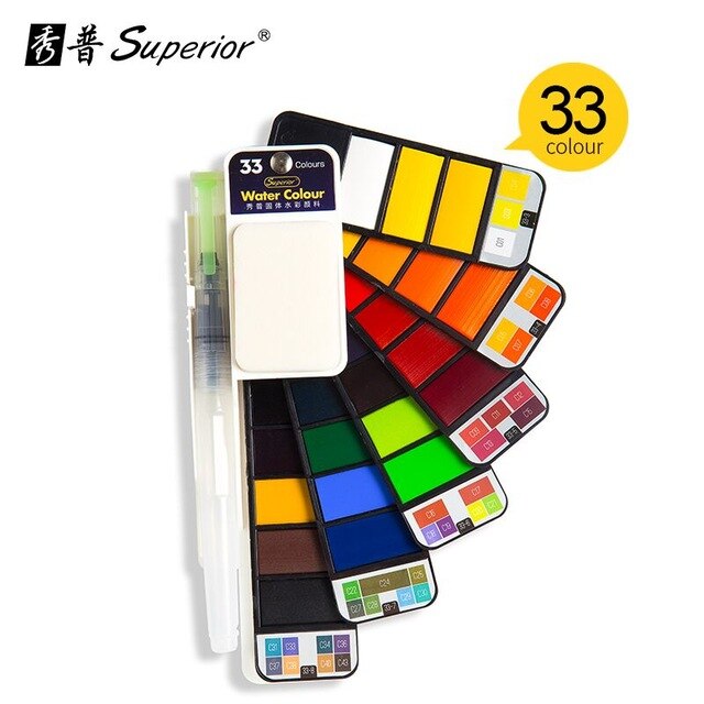 Superior 42Colors Big Set Solid Watercolor Paint With Water Brush Pen Foldable Travel Water Color Pigment For Beginner Student: 33 color set