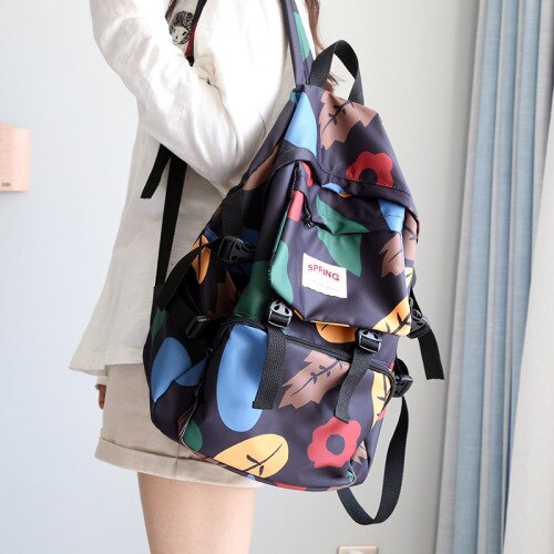 Geometric Printed Waterproof Backpacks for Women Leaves Travel Backpack Female Student School Bag for Teenage Girl Book Mochilas: Black