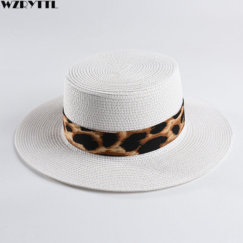 Unisex Papier Stro Hoed Brede Rand Schipper Hoeden Luipaard Lint Zonnehoed Voor Vrouwen Man Zomer Strand Hoed Kentucky Derby cap Panama Hoed