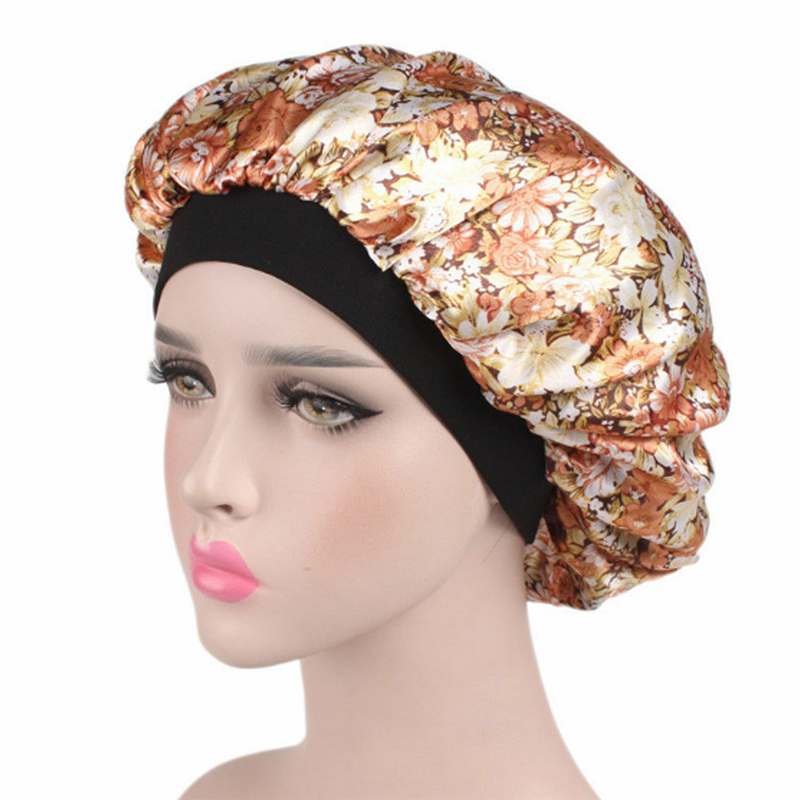 Kvinder satin nat skønhedssalon søvn cap dække hår motorhjelm hat silke hoved bred elastik til krøllet fjedrende kemo cap håndklæde: C