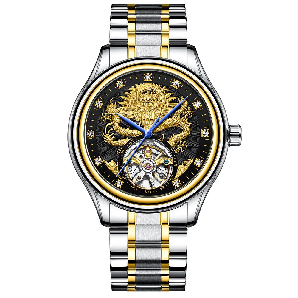 FNGEEN Luxus Männer Automatische Mechanische Uhr Wasserdicht Gold Drachen Uhren Für Männer Edelstahl Tourbillon Relogio Masculino: Silber- Gold Schwarz