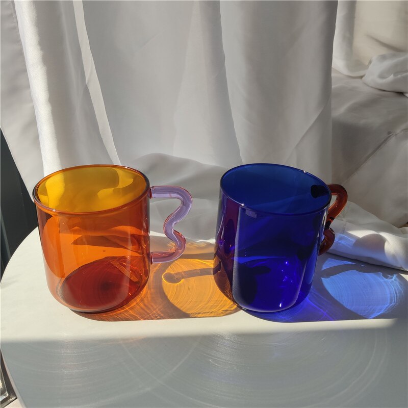 Tasse à café en verre coloré avec poignée d'oreille, tasse à expresso, pour jus de fruit, pour le bureau, pour le petit déjeuner, couleur contrastée,